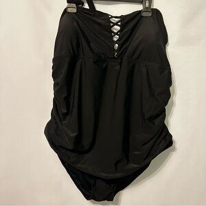 Yonique Black 1 Piece Black Swimsuit Womens 26W Lattice Ruched Adj Straps